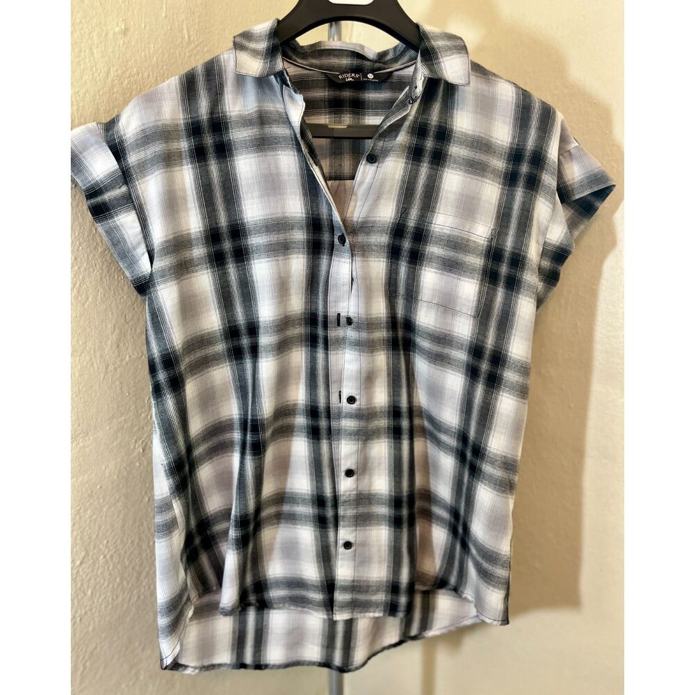 Riders by Lee Black & White Plaid Cap Sleeve Button Up M